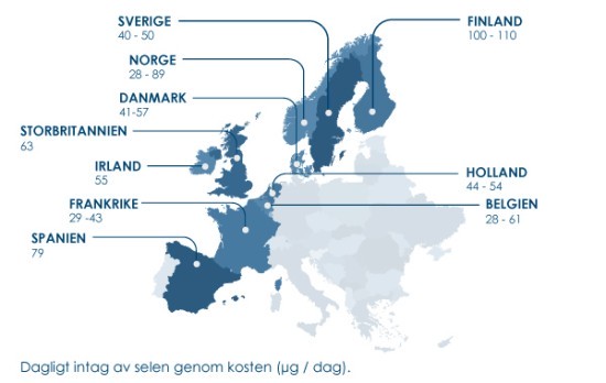 Karta visar olika länders genomsnittliga selenintag via kosten