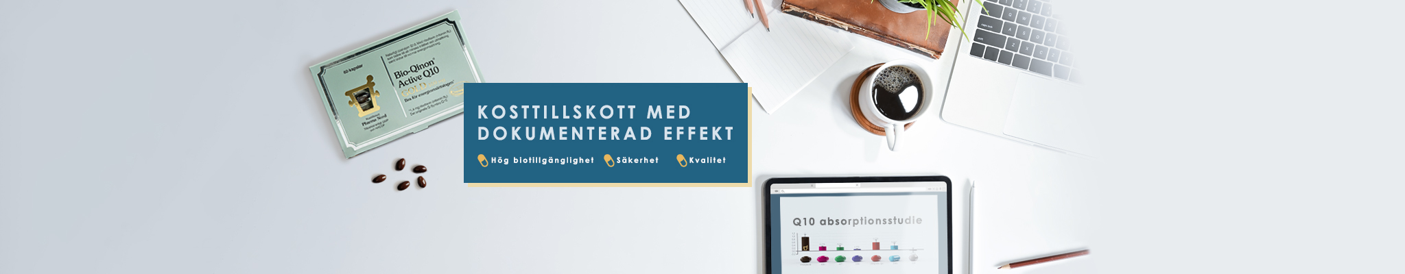 Kosttillskott från Pharma Nord har dokumenterad effekt Bio-Qinon Active Q10 Gold-ask placerad på ett bord